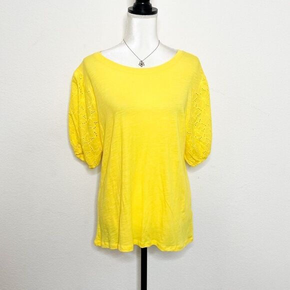🍋 Chelsea & Theodore • Women’s Yellow Puff Sleeve Blouse w/Eyelet Detail Size L - Picture 1 of 9